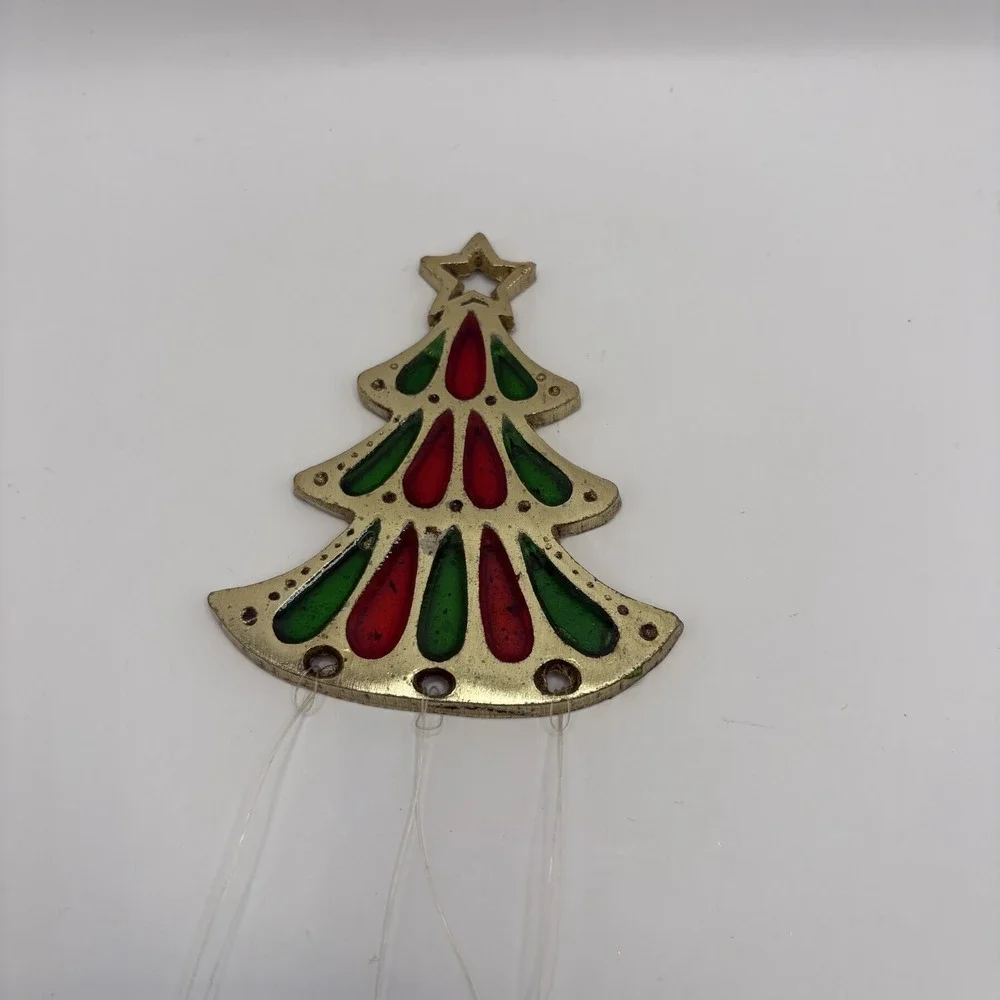 Vintage Stained Glass and Cast Metal Christmas Tree Wind Chime Japan Decoration - Picture 3 of 7
